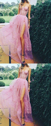 Sexy Pink Sweetheart Side Split Lace Appliques Pretty Long Prom Party Dress DMG13