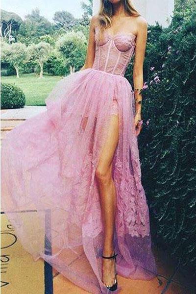 Sexy Pink Sweetheart Side Split Lace Appliques Pretty Long Prom Party Dress DMG13
