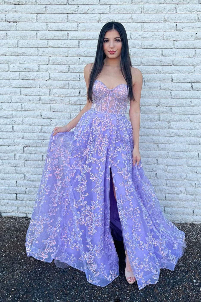 Purple Tulle Lace Appliques Long Prom Dress, Lavender A Line Formal Evening Dress DMP255