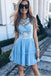 Elegant Jewel Short Cheap Light Blue Tulle Homecoming Party Dresses with Lace DMO50
