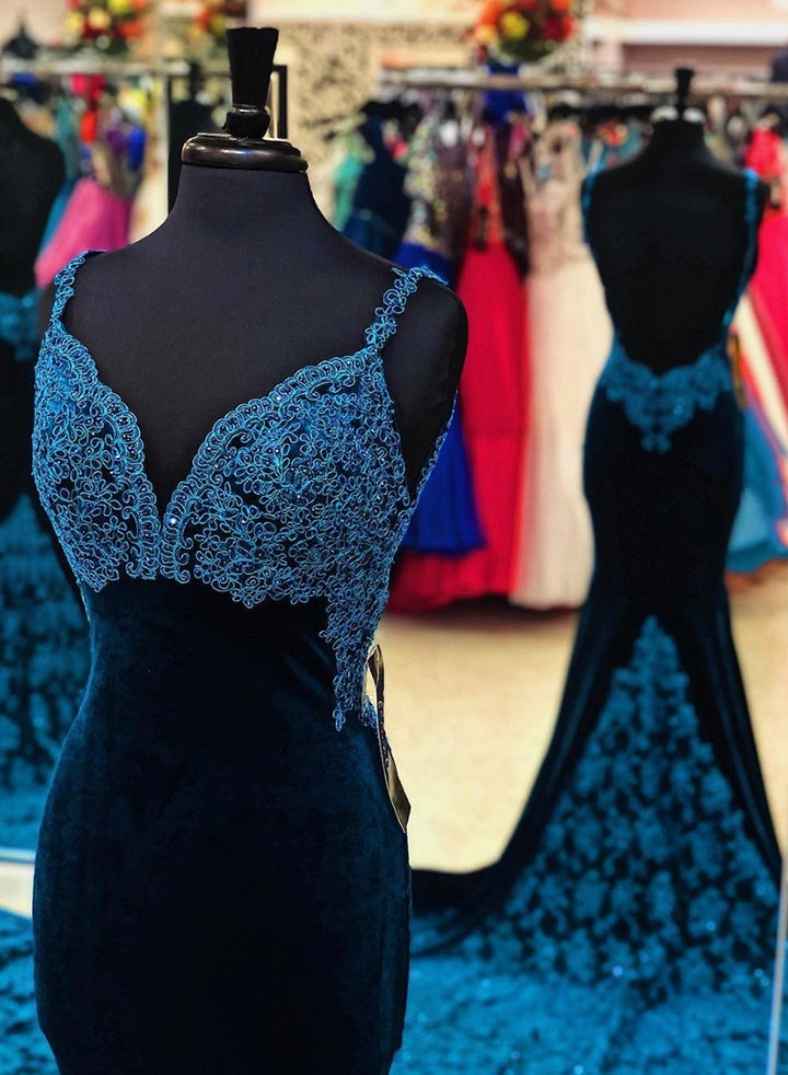 Blue Velvet Lace Long Mermaid Prom Dresses Backless Spaghetti Straps Formal Gown DMP080