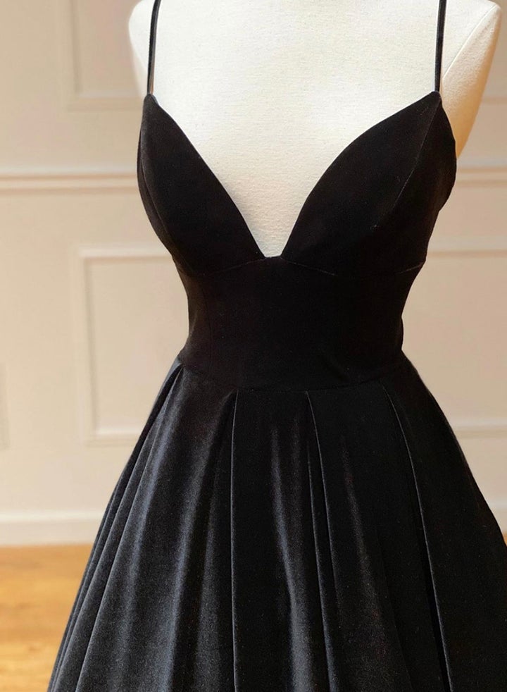 Black Velvet Spaghetti Straps Long Prom Dresses A Line Formal Evening Dress DMP084