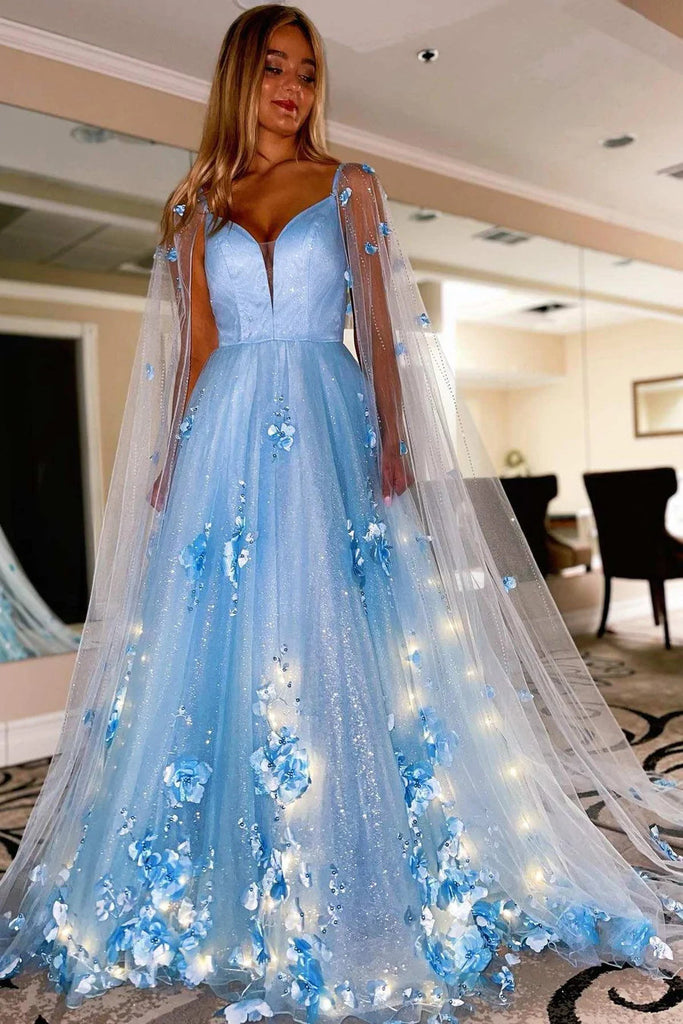 Lavender 3D Floral Lace Plunge V A-Line Prom Dress with Cape Sleeves Formal Evening Dress DM1899