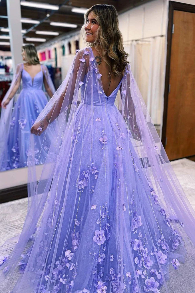 Lavender 3D Floral Lace Plunge V A-Line Prom Dress with Cape Sleeves Formal Evening Dress DM1899