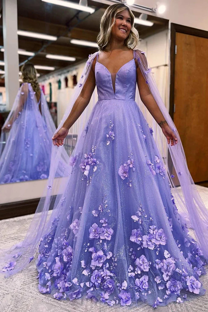 Lavender 3D Floral Lace Plunge V A-Line Prom Dress with Cape Sleeves Formal Evening Dress DM1899