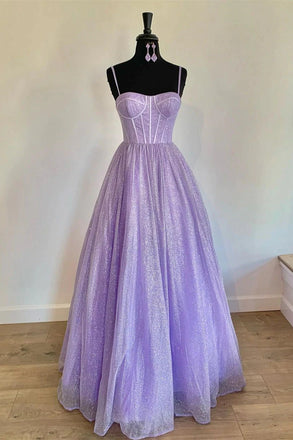 Sparkle Lilac A Line Prom Dresses Spaghetti Straps Sequin Evening Dresses DMP140