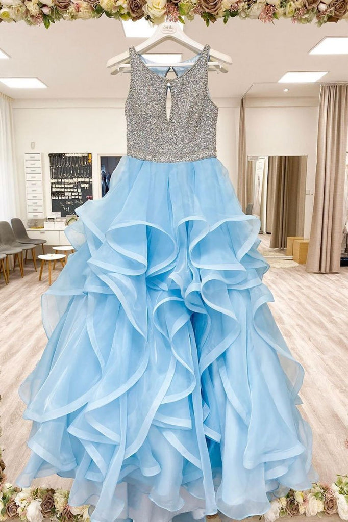 Sky Blue Round Neck Tulle Long Prom Dress A Line Formal Evening Dresses DMS60