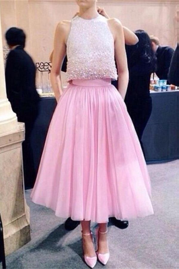 Sparkly Pink Two Pieces Beaded Tea-length Long Prom Dresses For Teens K771