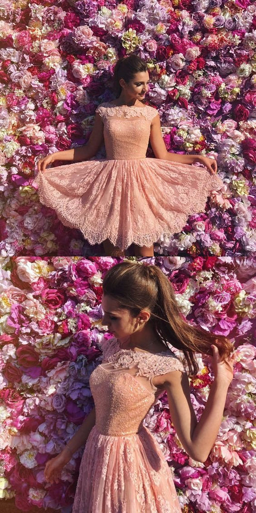 Princess A Line Open Back Cap Sleeves Prom Dresses,Pink Short Lace Homecoming Dresses DM320