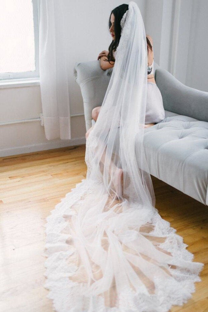 Alencon Lace Trim Long Ivory Veil for Wedding WV18
