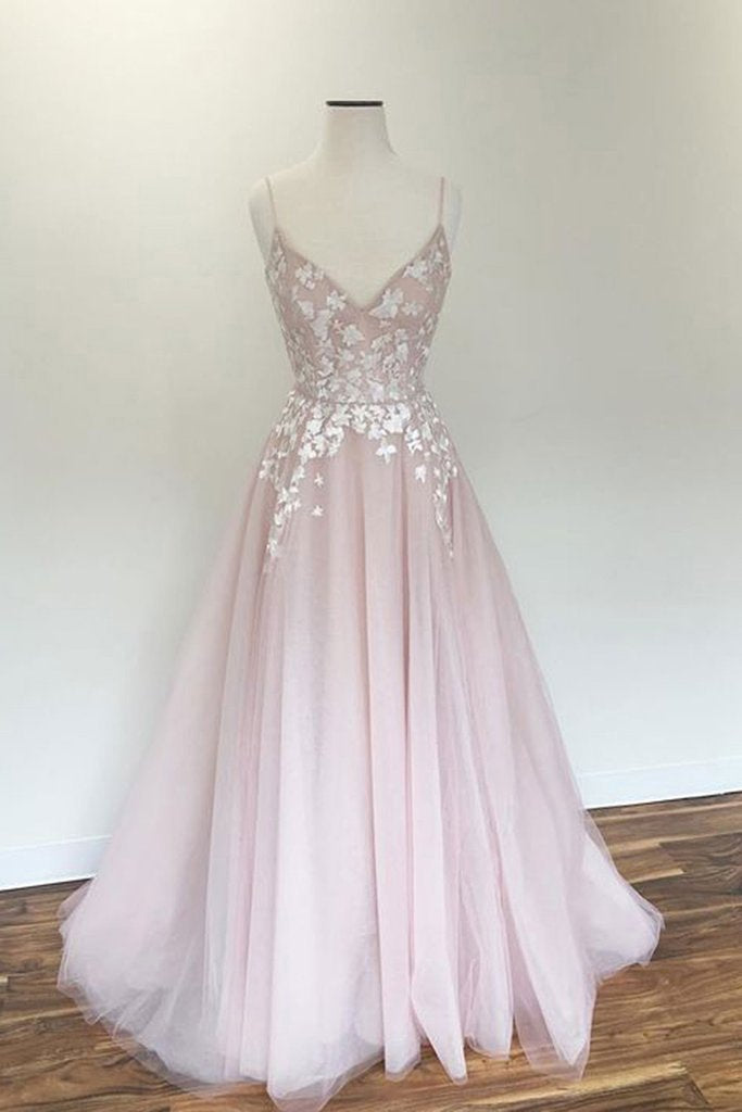 Light Pink V Neck Tulle Long Spaghetti Straps Appliques Prom Dress DMB57