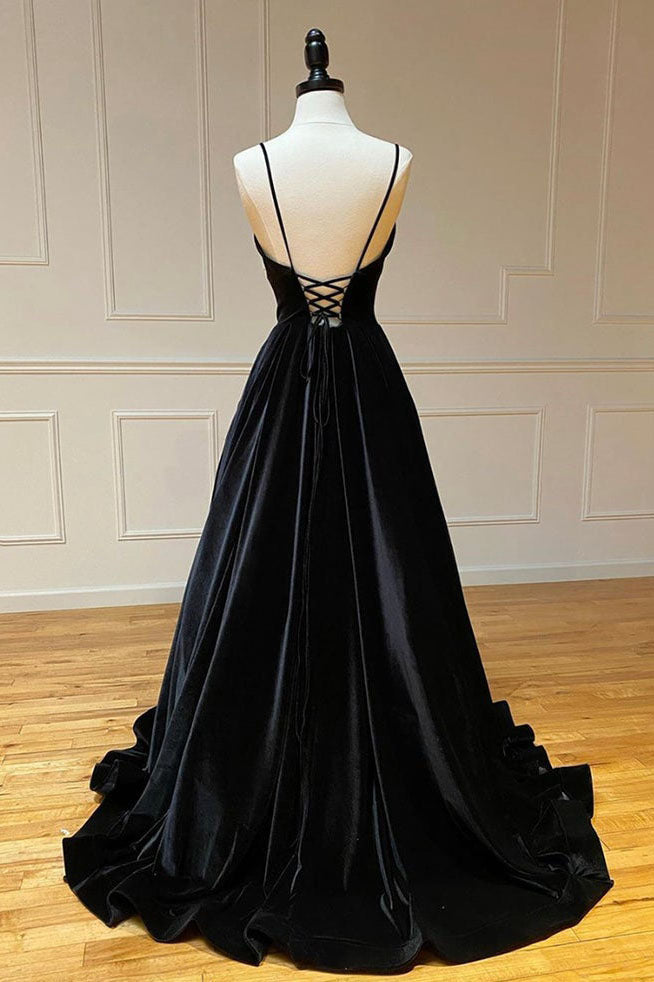 Black Velvet Spaghetti Straps Long Prom Dresses A Line Formal Evening Dress DMP084