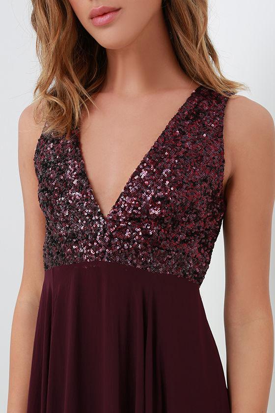 Burgundy Bridesmaid Dresses WIth Sequin Top, A-line Long Chiffon Wedding Party Dress DMO80