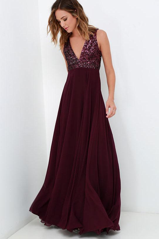 Burgundy Bridesmaid Dresses WIth Sequin Top, A-line Long Chiffon Wedding Party Dress DMO80