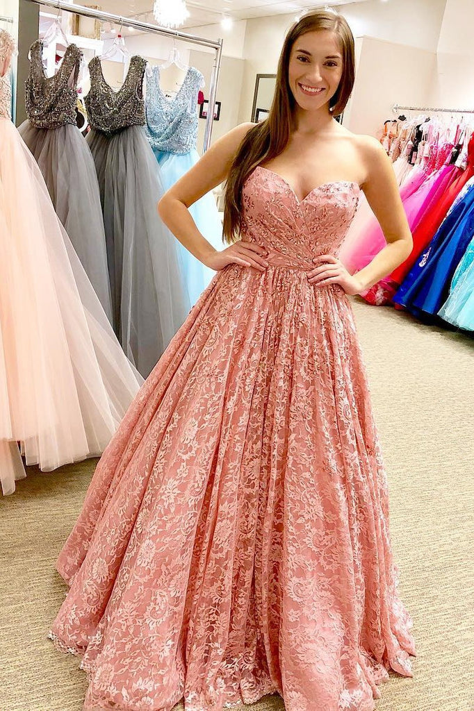 Pink Lace Long A Line Sweetheart Prom Dresses DMK82