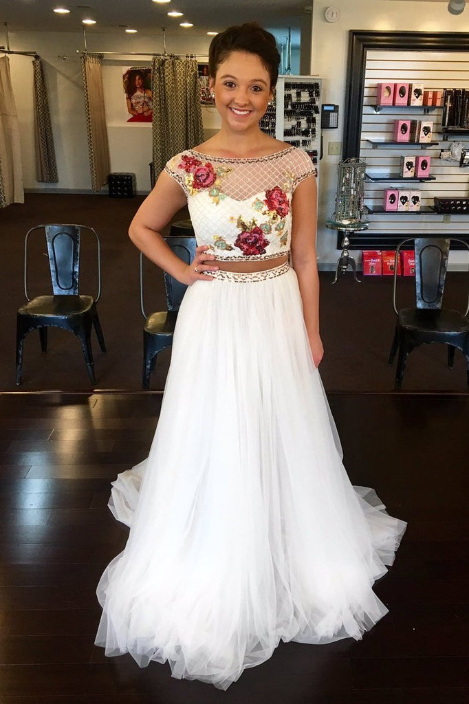 Gorgeous Two Piece Off White Cap Sleeves Long Prom Dress with Floral DMK94
