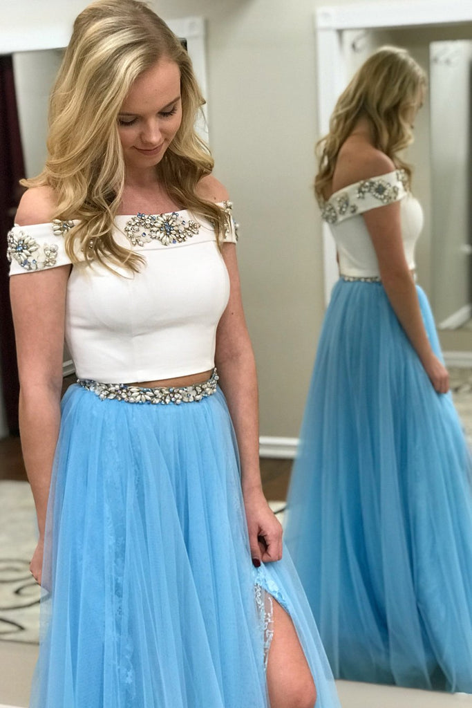Two Piece Off the Shoulder Pink Blue Long Lace Beading Prom Dress with Side Slit DM968