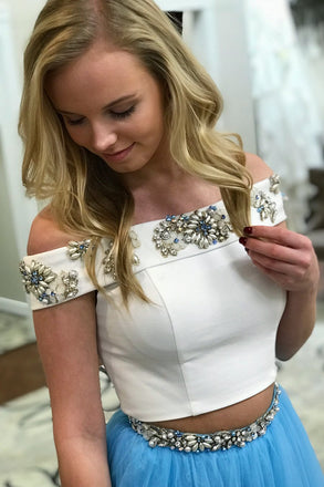 Two Piece Off the Shoulder Pink Blue Long Lace Beading Prom Dress with Side Slit DM968