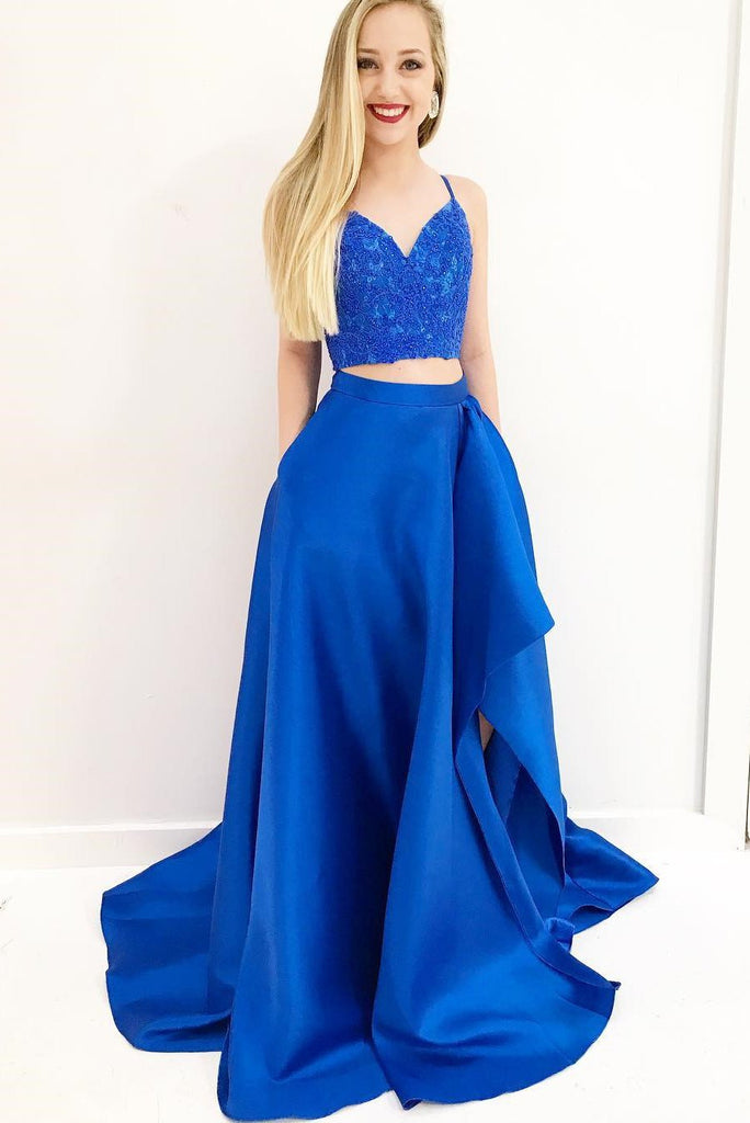 Gorgeous Two Piece Royal Blue Long Prom Dress with Pockets Side Slit DMK93