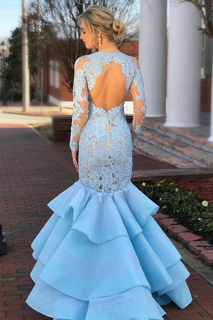Elegant Long Sleeves Mermaid Blue Lace Layered Prom Dress with Open Back DMA36