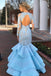 Elegant Long Sleeves Mermaid Blue Lace Layered Prom Dress with Open Back DMA36