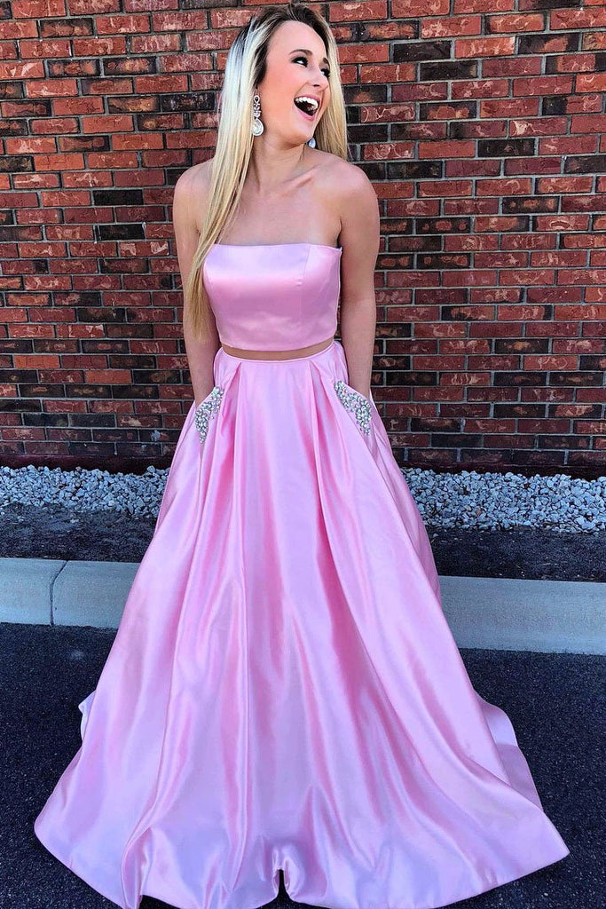Strapless Two Piece Pink Long Beaded Prom Dress with Pockets DML5