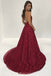 Sexy Halter Burgundy Lace Front Slit V Neck Long Prom Dress DMA12