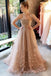Strapless Light Brown Tulle Appliques Long Elegant Prom Dress DML7