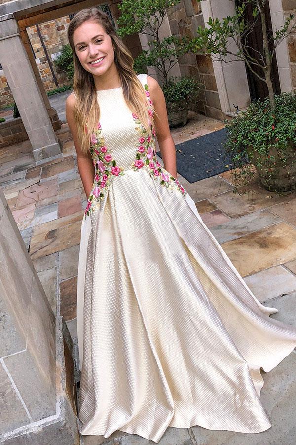 Fashion Boat Neck V Back Floral Embroidery Long Prom Dress with Pockets DMK79