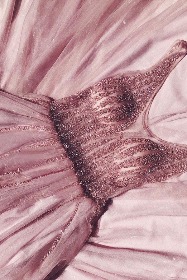 Cheap A Line V Neck Pink Beading Long Prom Formal Dress DMK89