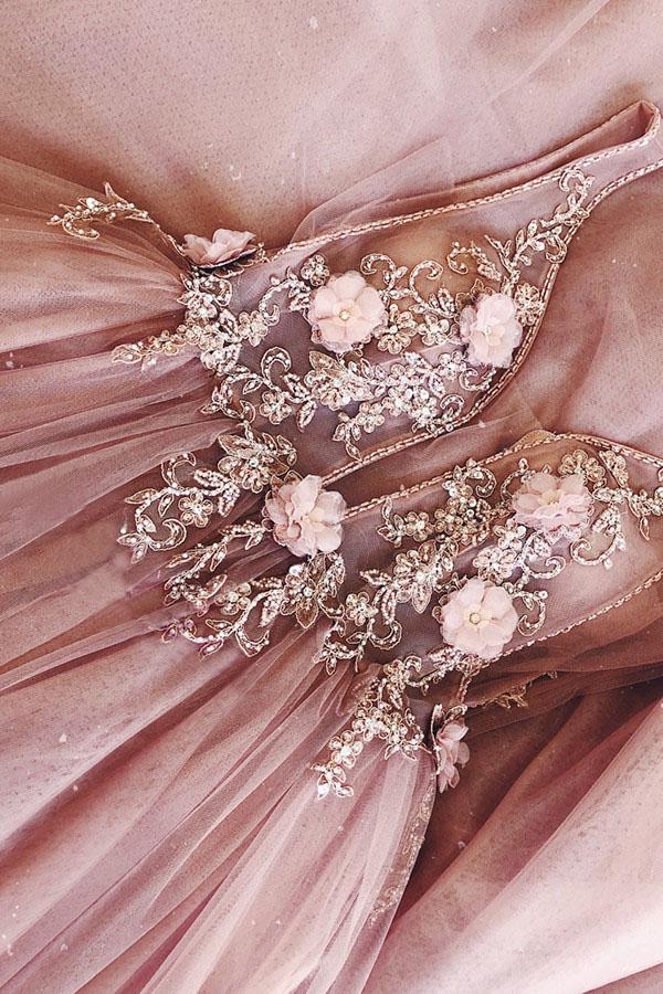 Elegant V Neck Flower Appliques Long Prom Evening Dress DMK83