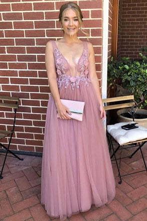 Elegant V Neck Flower Appliques Long Prom Evening Dress DMK83