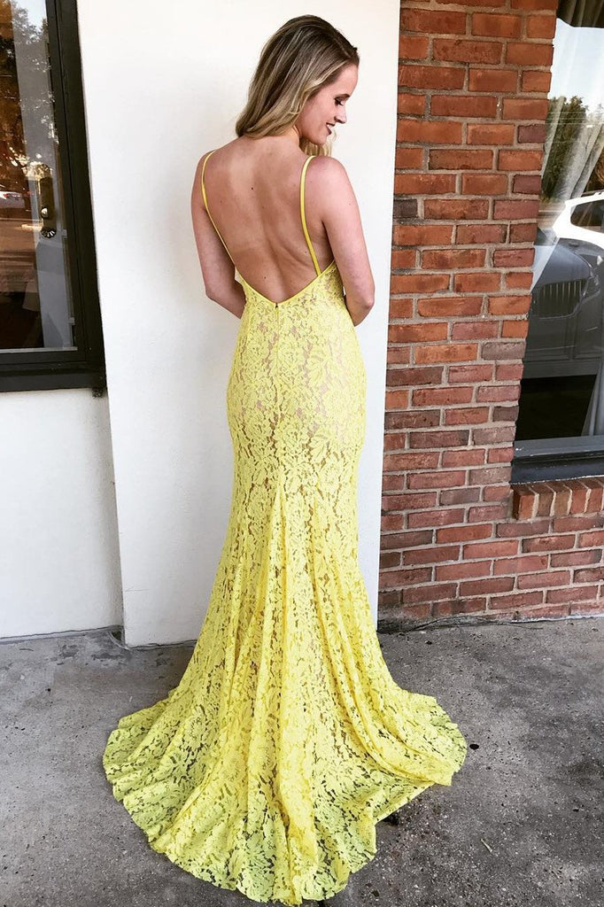 Spaghetti Straps Mermaid Yellow Lace Long Prom Dress with Slit DML93