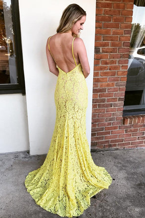 Spaghetti Straps Mermaid Yellow Lace Long Prom Dress with Slit DML93