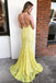 Spaghetti Straps Mermaid Yellow Lace Long Prom Dress with Slit DML93