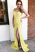 Spaghetti Straps Mermaid Yellow Lace Long Prom Dress with Slit DML93