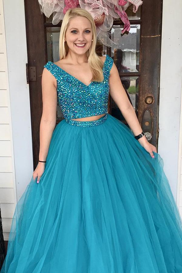 Two Piece Turquoise Beaded A Line Tulle Prom Dress DML2