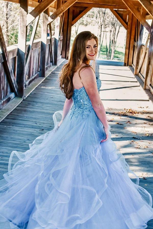 Charming Strapless Blue Ruffles Long Prom Dress with Appliques DML9