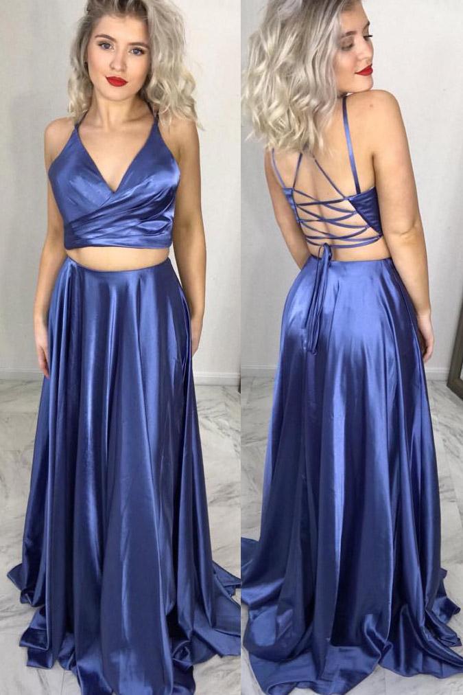 Two Piece Lace Up Blue Long Prom Dress with Slit DMM2