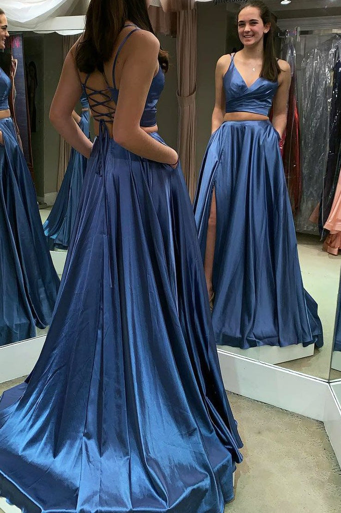 Two Piece Lace Up Blue Long Prom Dress with Slit DMM2