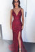 Burgundy Mermaid Sequin Prom Dresses, Spaghetti Straps Prom Gown DMK34