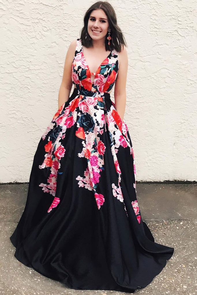 A Line Black V Neck Appliques Prom Dresses, Long Cheap Prom Gown DMK31