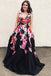 A Line Black V Neck Appliques Prom Dresses, Long Cheap Prom Gown DMK31