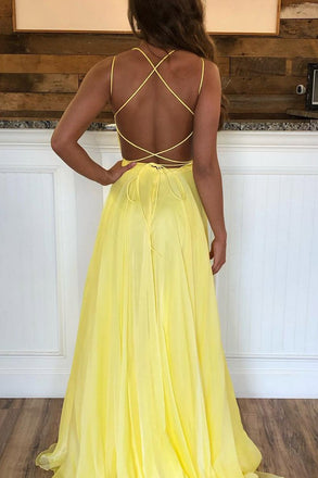 Criss Cross Back Beaded Yellow Long A Line Prom Dress DMK80