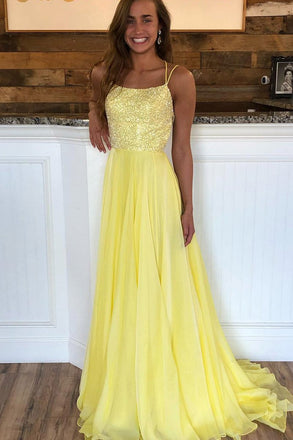 Criss Cross Back Beaded Yellow Long A Line Prom Dress DMK80