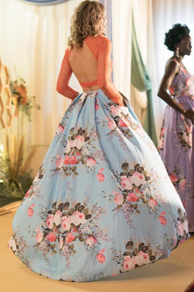Two Pieces Long Sleeves Prom Dresses, Floral Print Prom Gown With Pockets OKK32 – Demodresses Two Pieces Long Sleeves Prom Dresses, Floral Print Prom Gown With Pockets OKK32 – Demodresses
