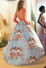 Two Pieces Long Sleeves Prom Dresses, Floral Print Prom Gown With Pockets DMK32