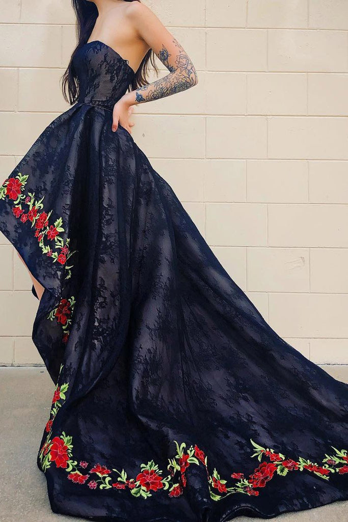 Strapless Embroidery Floral Hi-Low Black Prom Dress with Train DMK85