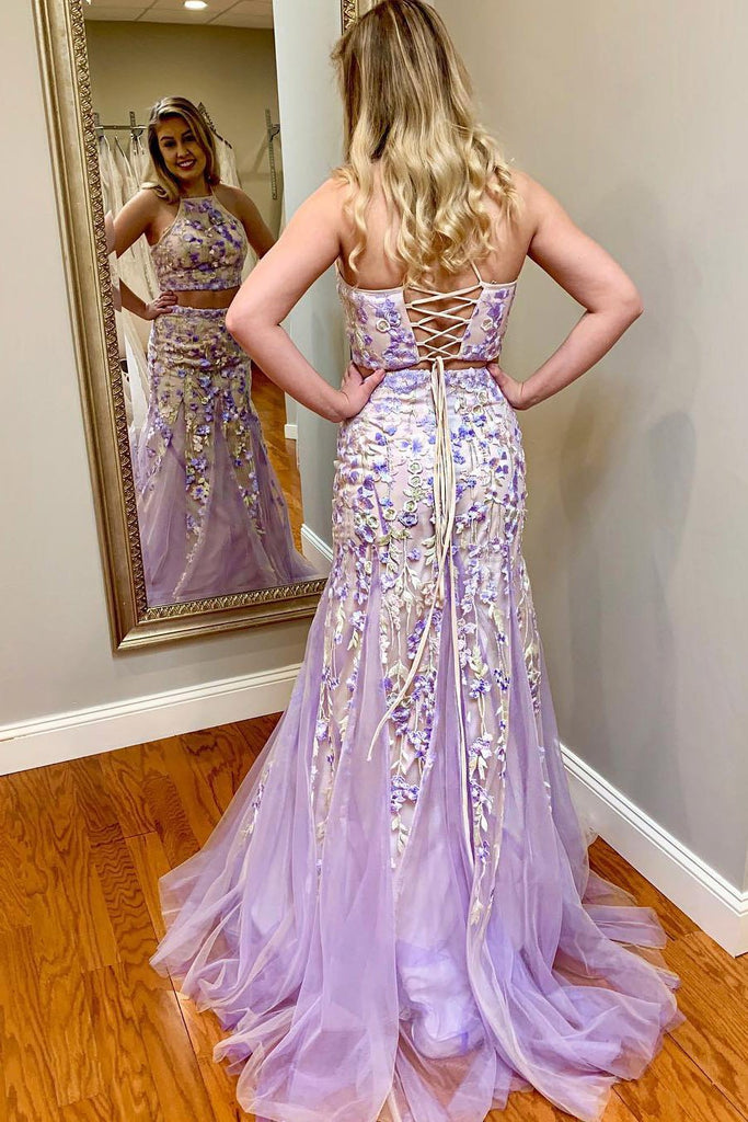 Two Piece Appliques Lilac Floral Long Prom Dress DMM1