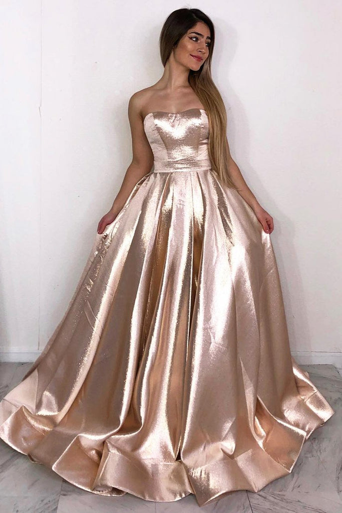 Strapless Rose Gold A Line Long Simple Prom Dress DMK86